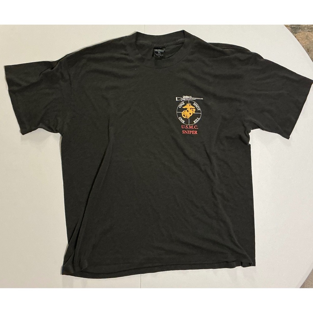 VTG USA Made 80s Single Stitch USMC‎ Sniper One Shot One Kill T-Shirt 2XL Black